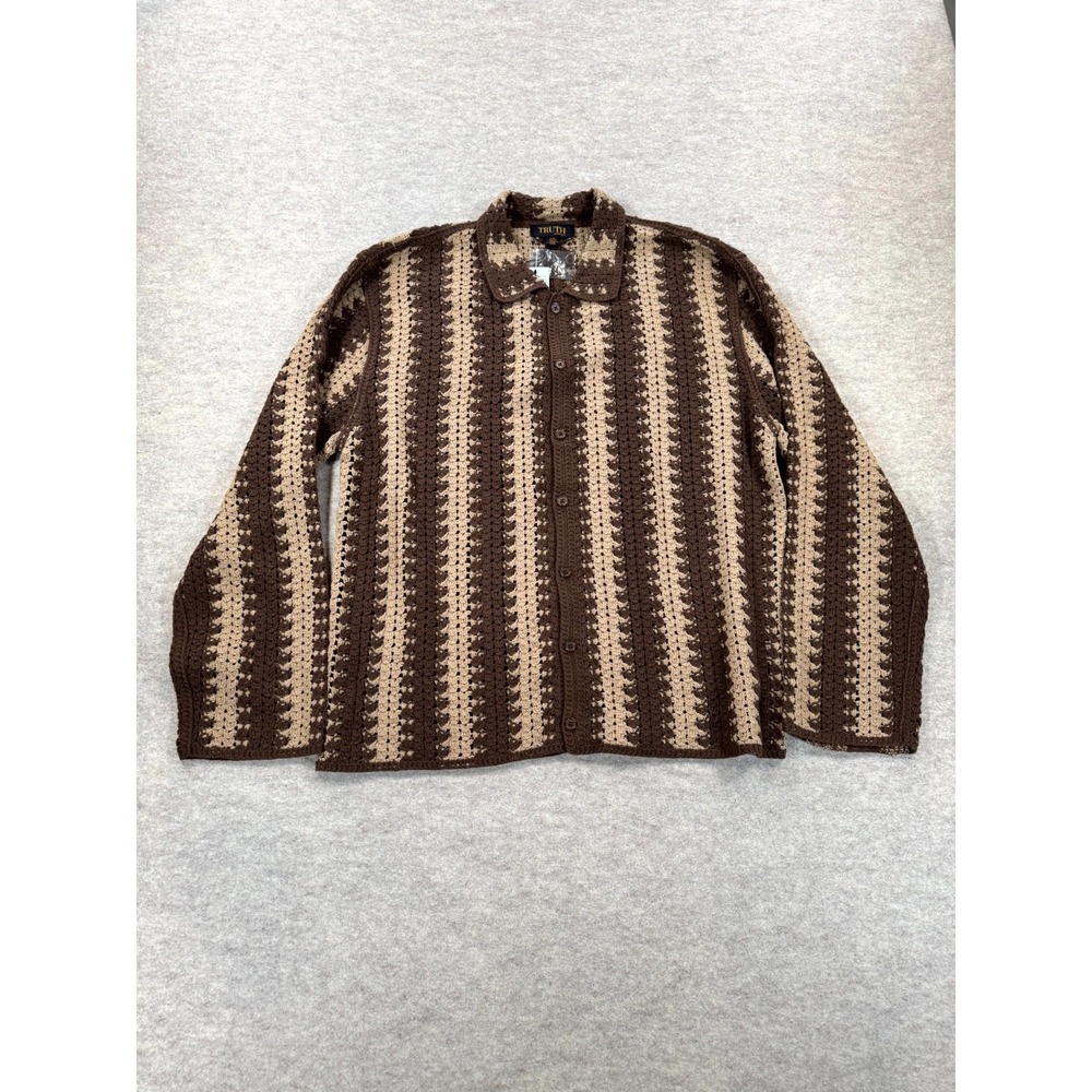Truth By Republic Cardigan Sweater Mens Large Brown Beige Striped Crochet Knit